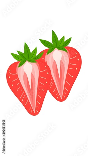 Two halved ripe strawberries with green leaves, white background