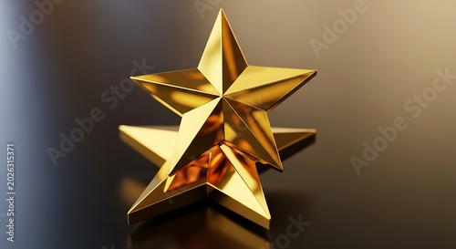 Two polished golden stars rest on a reflective dark surface