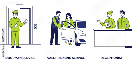 Fotografie Hospitality service staff collection featuring doorman valet parking assistant a