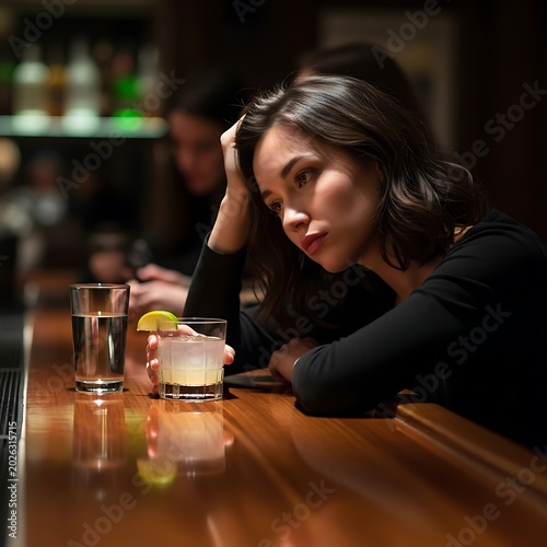 Woman sits alone at bar, looking despondent, holding drink