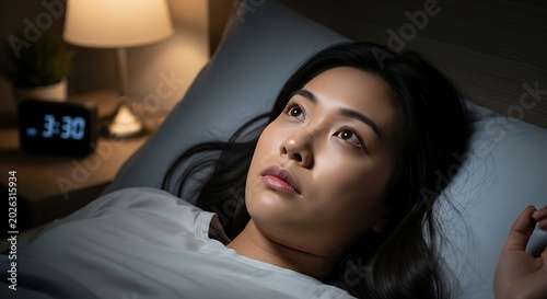 Young woman awake in bed at night, staring upwards with worry