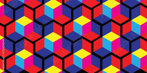 Bild auf Leinwand Geometric Abstract Pattern with Hexagonal Tessellation and Colorful Cubes in Cya