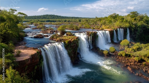Majestic Waterfall Surrounded by Lush Greenery and Blue Sky in Vibrant Nature Landscape