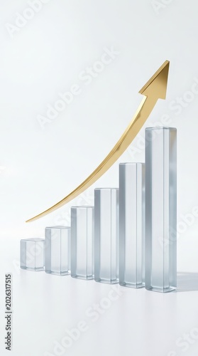 Glass business growth bars with golden upward arrow