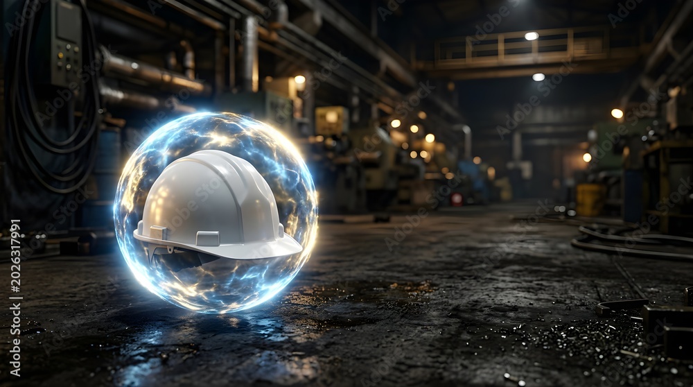 Obraz premium Protective hard hat inside energy force field in factory warehouse