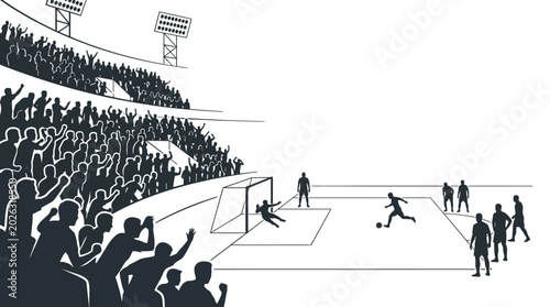 Konstfotografi A black and white line art illustration of a soccer player taking a penalty kick against a goalkeeper in a crowded stadium