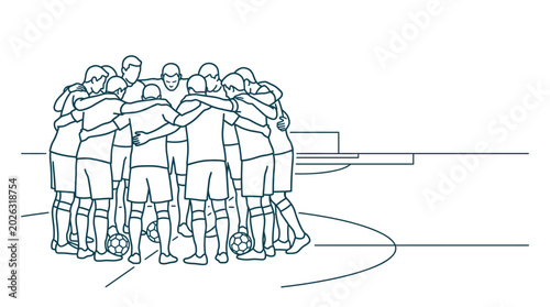 Canvastavla A soccer team huddling together in a line art style illustration.