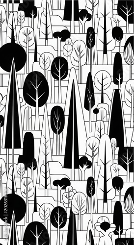 Stylized monochrome forest pattern with varied tree shapes and sizes