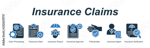 Fotografía Insurance Claims web banner icon concept for with icon of Claim Processing, Insurance Claim, Insurance Payout, Insurance Approval, Policyholder, Insurance Agent, Insurance Verificatio