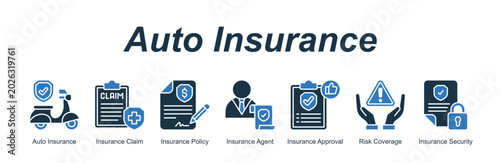 Foto Auto Insurance web banner icon concept for with icon of Auto Insurance, Insurance Claim, Insurance Policy, Insurance Agent, Insurance Approval, Risk Coverage, Insurance Security