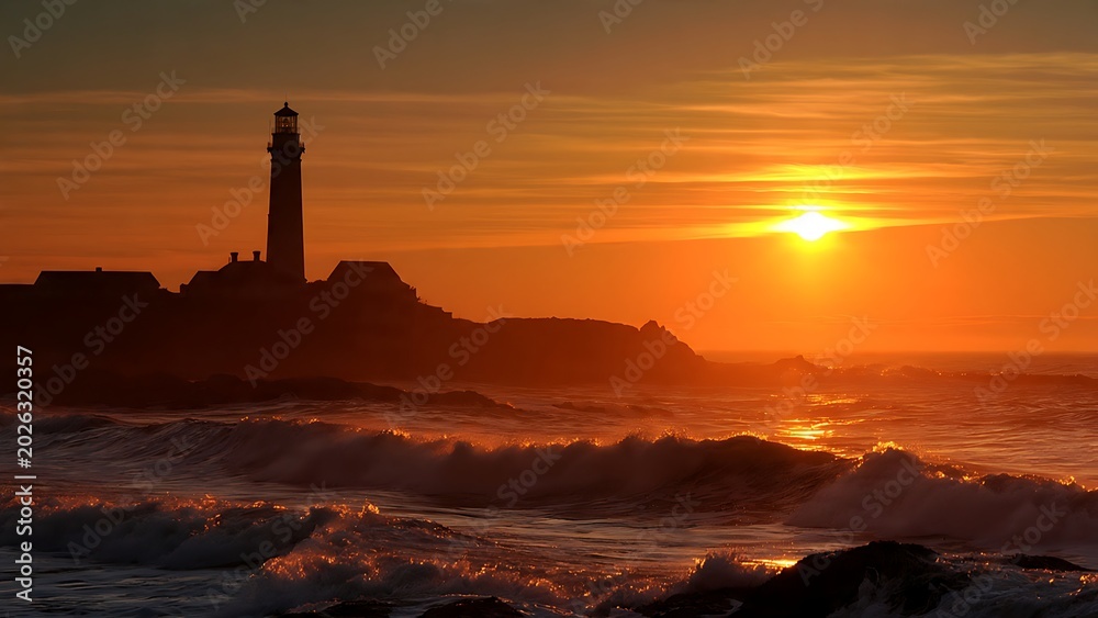 Fototapeta premium Lighthouse standing against vibrant sunset.