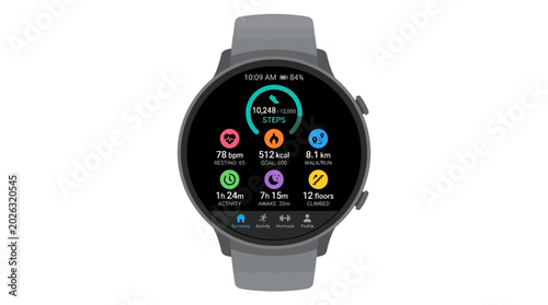 A sleek smartwatch displays various metrics on its screen in a modern setting.