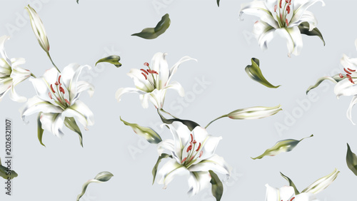 Floral seamless pattern featuring watercolor-style white Casa Blanca lily flo...
