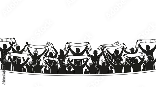 Canvastavla Black and white illustration of cheering sports fans holding up scarves