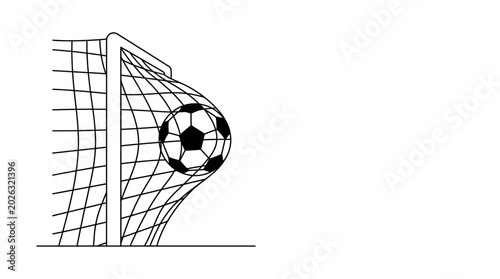 Foto Black and white line art illustration of a soccer ball hitting the net