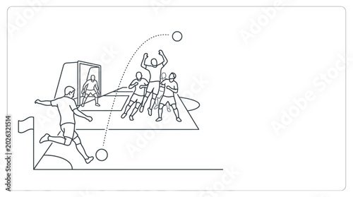 Foto Black and white outline illustration of a professional soccer corner kick action