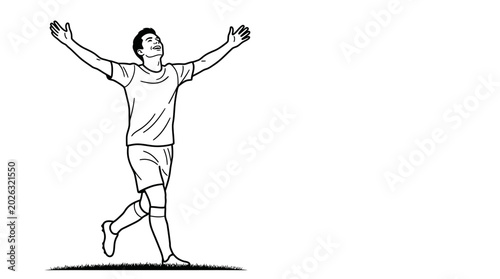 Black and white sketch of a soccer player celebrating a goal.