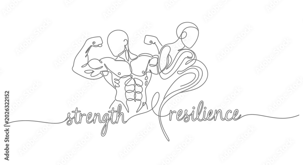 Fototapeta premium Continuous Line Art: Muscular Man and Woman, Strength, Resilience, Fitness