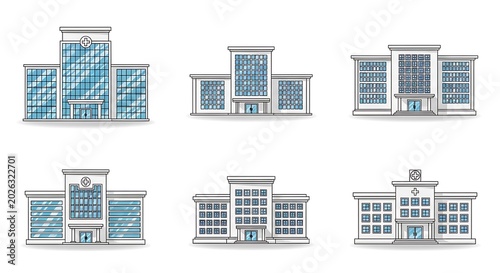 Set of modern hospital and medical clinic building illustrations