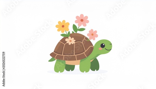 A smiling turtle walks with flowers on its shell in a natural setting.