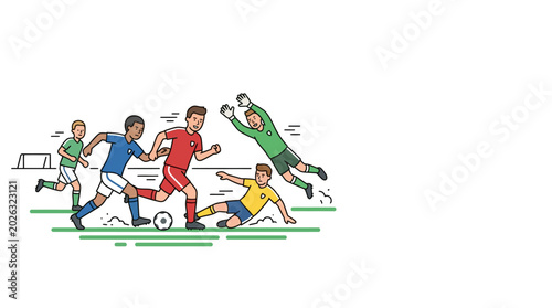 Tableau sur toile Cartoon illustration of a dynamic soccer match with players competing for the ball