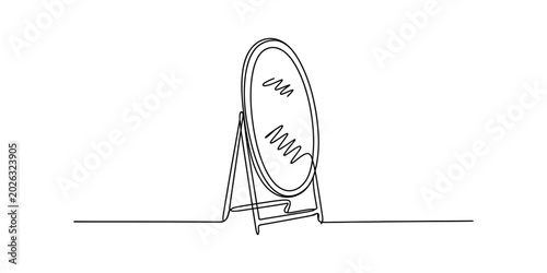 Obraz na plátně Single line drawing of a standing mirror with a stand Vector, illustration
