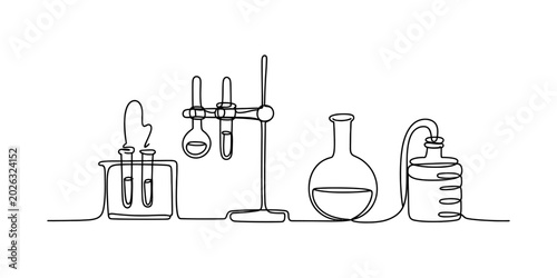 Quadro su tela Continuous line drawing of laboratory equipment with test tubes and flasks Vecto