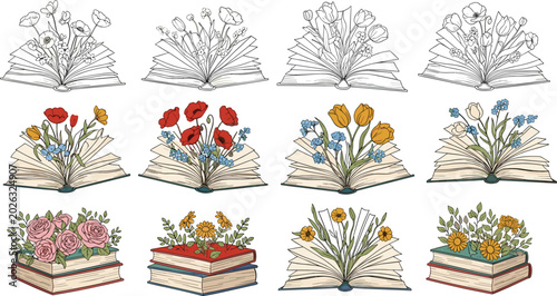Foto Vintage hand drawn floral book illustrations set featuring blooming wildflowers