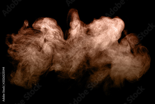 Realistic brown smoke cloud isolated on black background, detailed dusty vapor texture for cinematic overlay, abstract fog effect, dramatic atmosphere, powder burst, mystery composition.