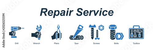 Slika na platnu Repair Service web banner icon concept for with icon of Drill, Wrench, Pliers, Saw, Screws, Bolts, Toolbox