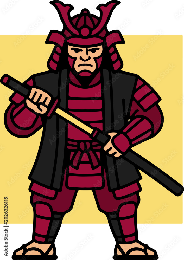 Fototapeta premium Illustration of a fierce samurai warrior holding a katana sword.