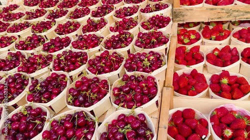 Fresh Organic Strawberries and Cherries in Wooden Crates at Cassis Market