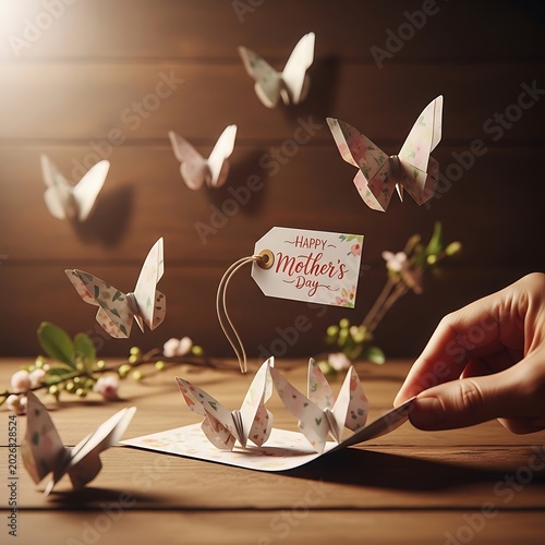 Hand opening a greeting card with paper butterflies for mother's day