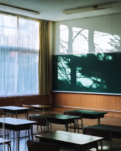 教室の窓辺に木漏れ日