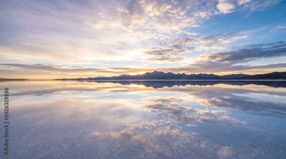 Fototapeta premium Serene salt flat mirror landscape reflects dramatic sunset sky and distant mountains