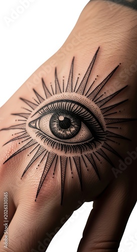 Eye tattoo with sunbeams on the back of a hand