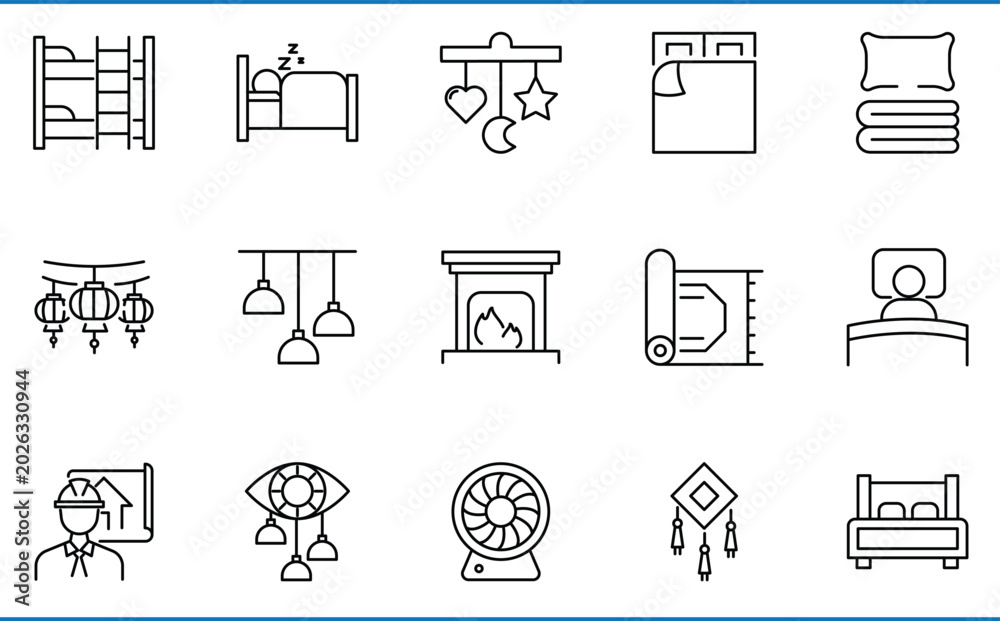 Fototapeta premium Bedroom related line icons set. Vector editable stroke.