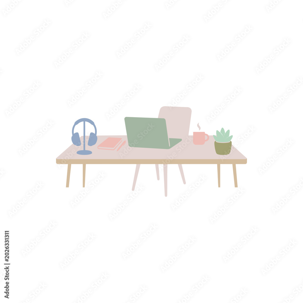 Fototapeta premium Desk setup featuring a laptop, headphones, and a small potted plant provides a clean and modern workspace for professionals working from home.