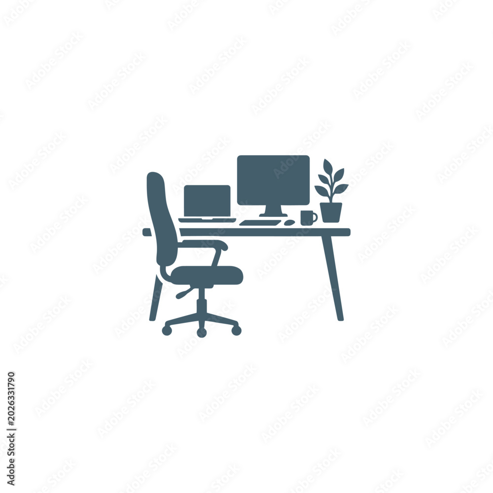 Fototapeta premium Office workstation equipped with a computer monitor and a small plant creates a professional atmosphere suitable for corporate environments or remote business operations.