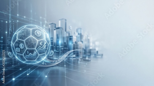 Futuristic digital soccer ball with financial charts and currency symbols representing the business of sports and global sports economy in a modern city skyline background