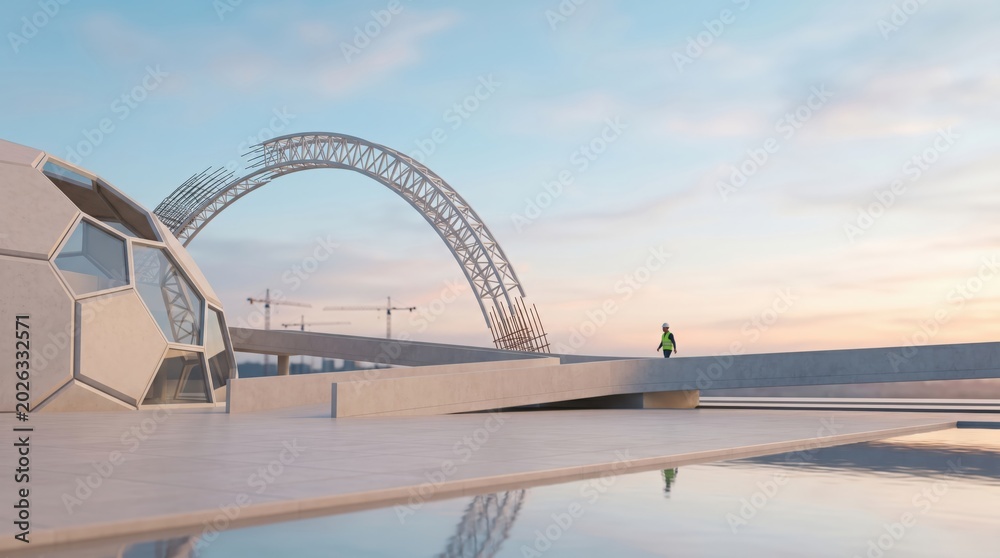 Fototapeta premium Futuristic architectural construction site with geodesic dome and steel arch at sunset featuring a male engineer walking on a concrete ramp for urban development concepts