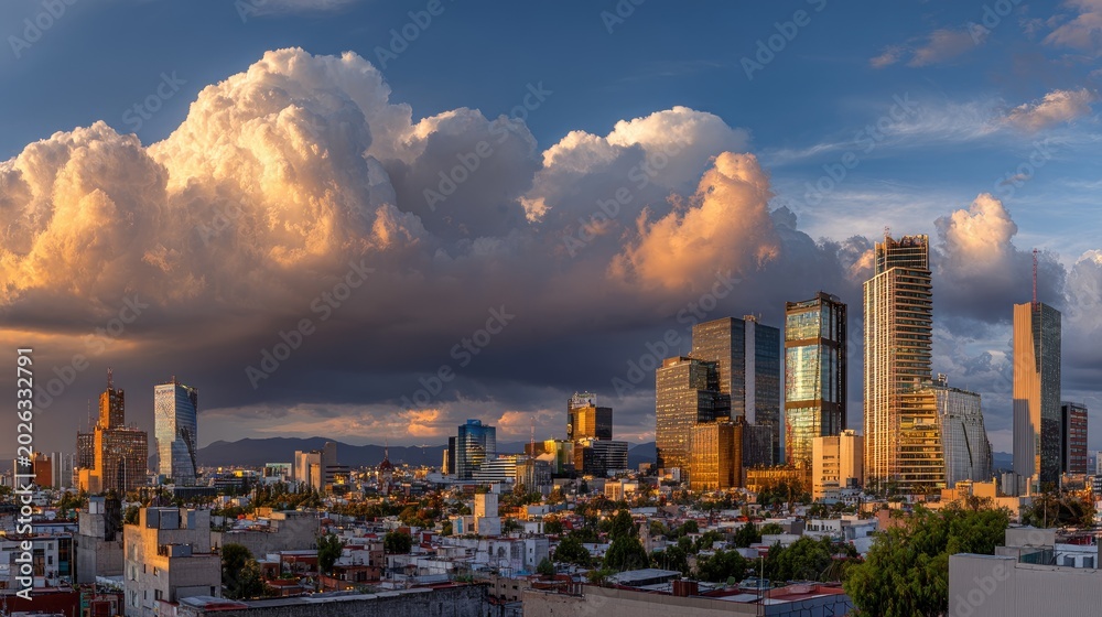 Fototapeta premium Stunning Sunset Over Urban City Skyline with Dramatic Clouds in the Background