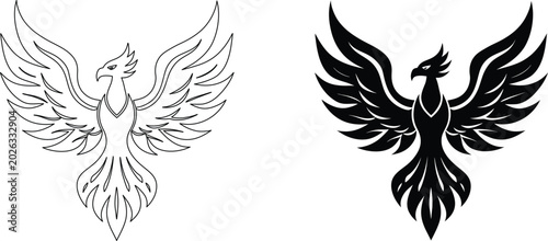 Tableau sur toile Phoenix bird vector illustration showing mythical firebird outline and solid silhouette design