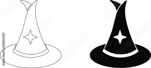 Foto Pointy witch hat with star emblem silhouette as magical halloween costume accessory