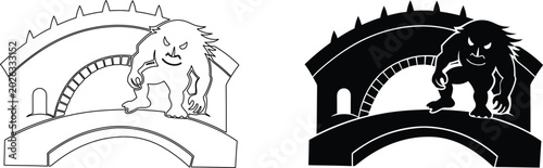 Scary troll standing on stone bridge silhouette graphic for fantasy adventure concept art.