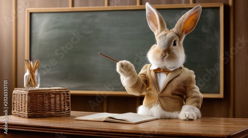 Educated Rabbit in Classroom Setting with Blackboard and Teaching Materials