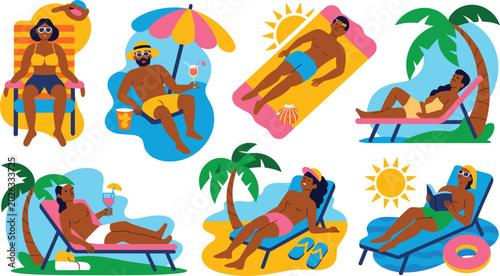 Foto Set of Summer Beach and Vacation Vector Illustrations Including People Sunbathin