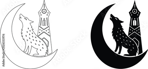 Bild auf Leinwand Wolf howling at crescent moon with tall stone tower behind in black vector silhouette