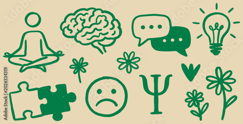 Tableau sur toile Mental health and wellness icons in green on beige background.