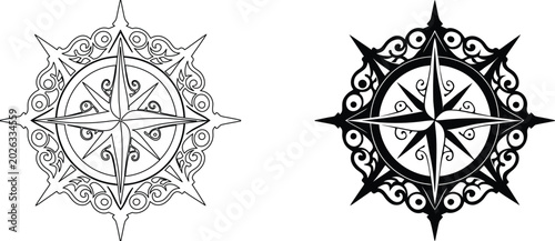 Photos Black and white ornamental wind rose or compass rose vector art illustration with outline
